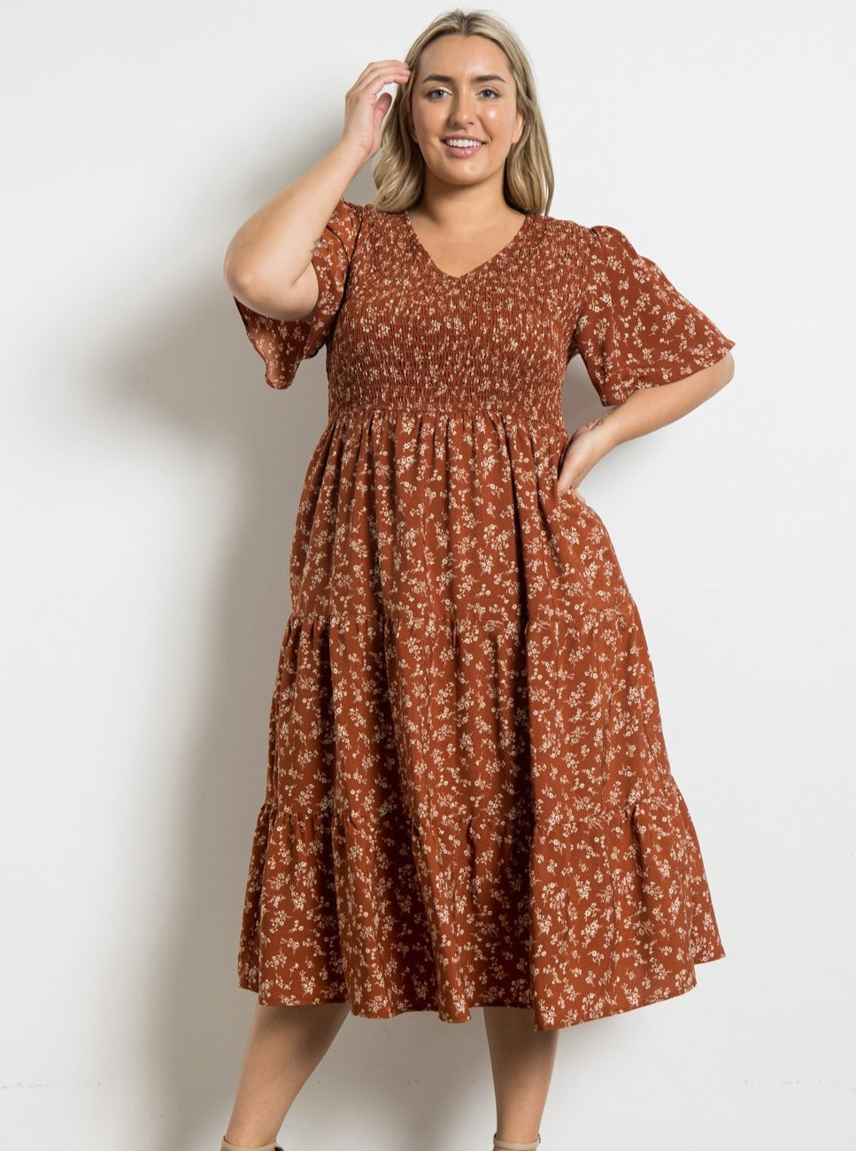 Rust Floral Smocked Dress