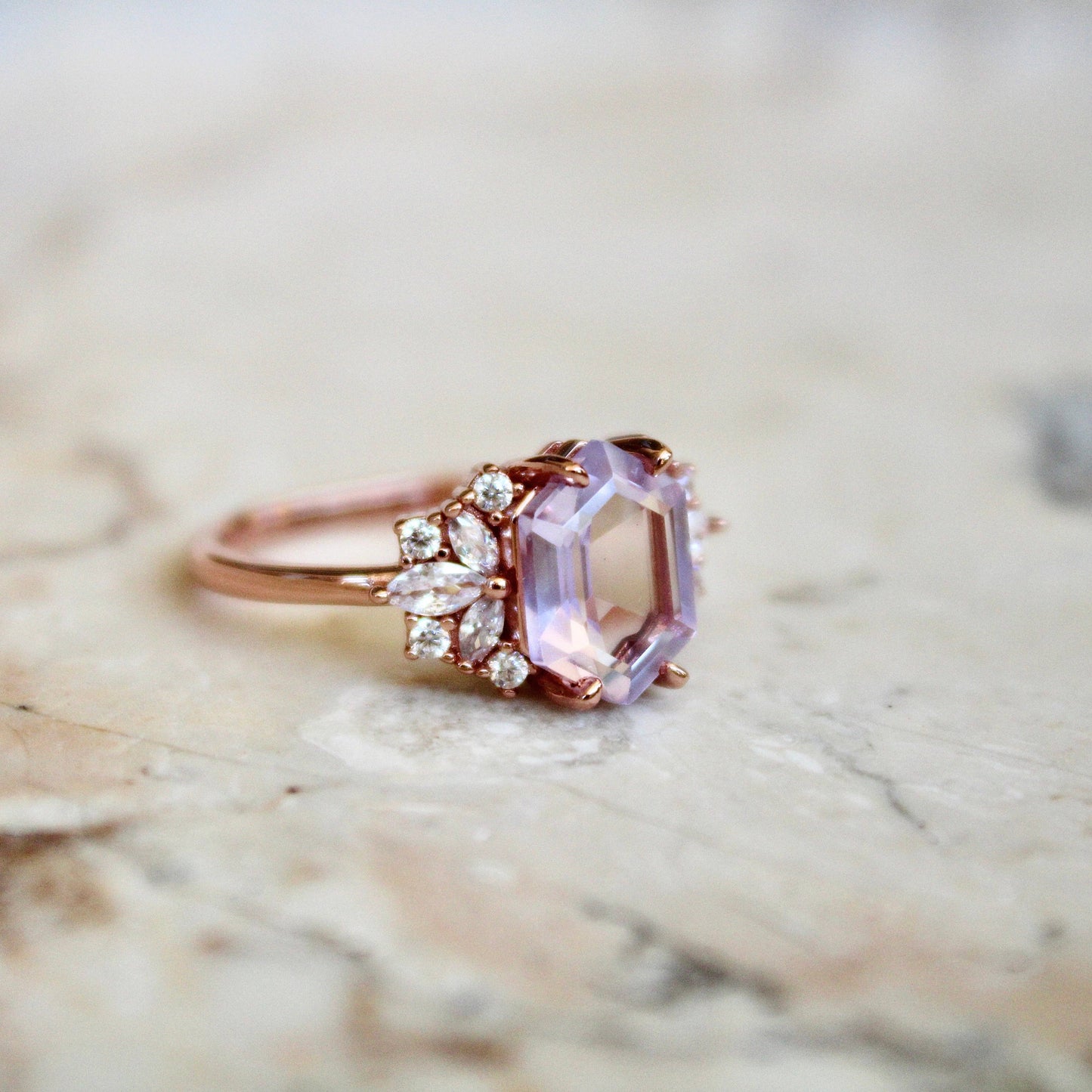 Lavender Quartz Hexagon Floral Ring