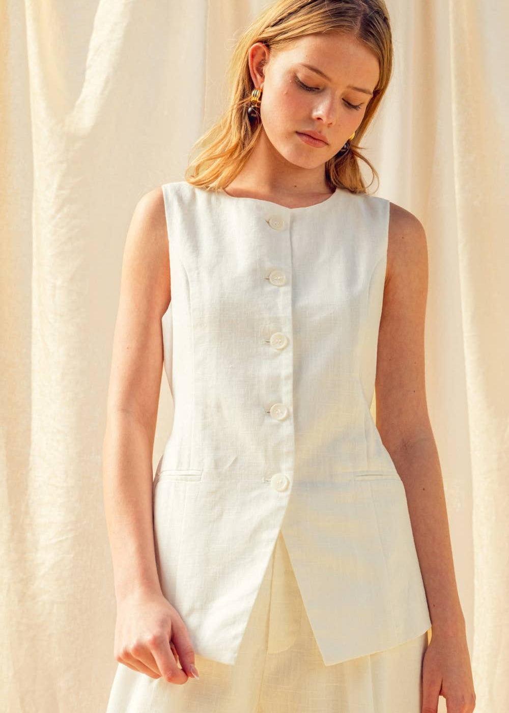 Oatmeal Button Front Linen Vest