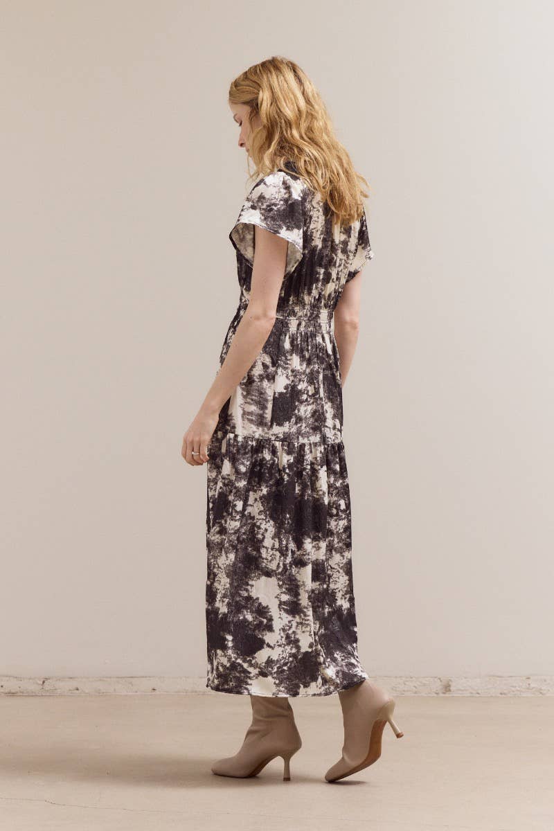 Printed Ruffle Satin Midi Dress