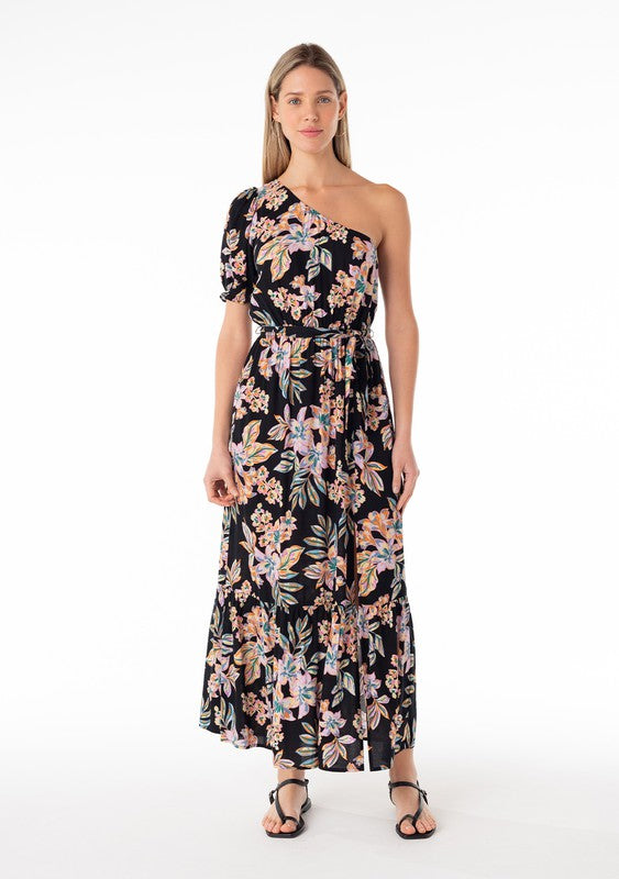 One Shoulder Tropical Print Dress