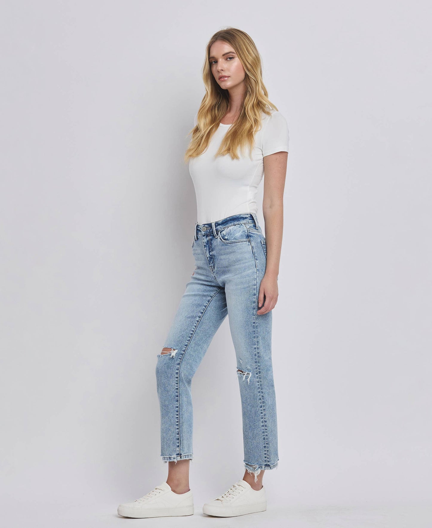 High Rise Distressed Crop Straight Jeans