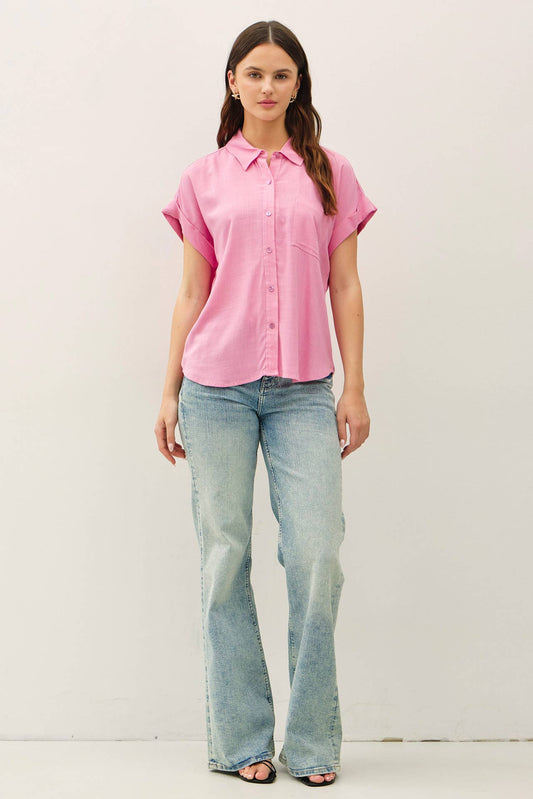 Pretty in Pink Rolled Cuff Button Up Shirt