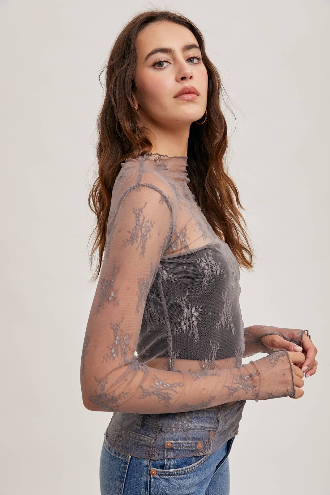 Mauve Floral Lace Mesh Top
