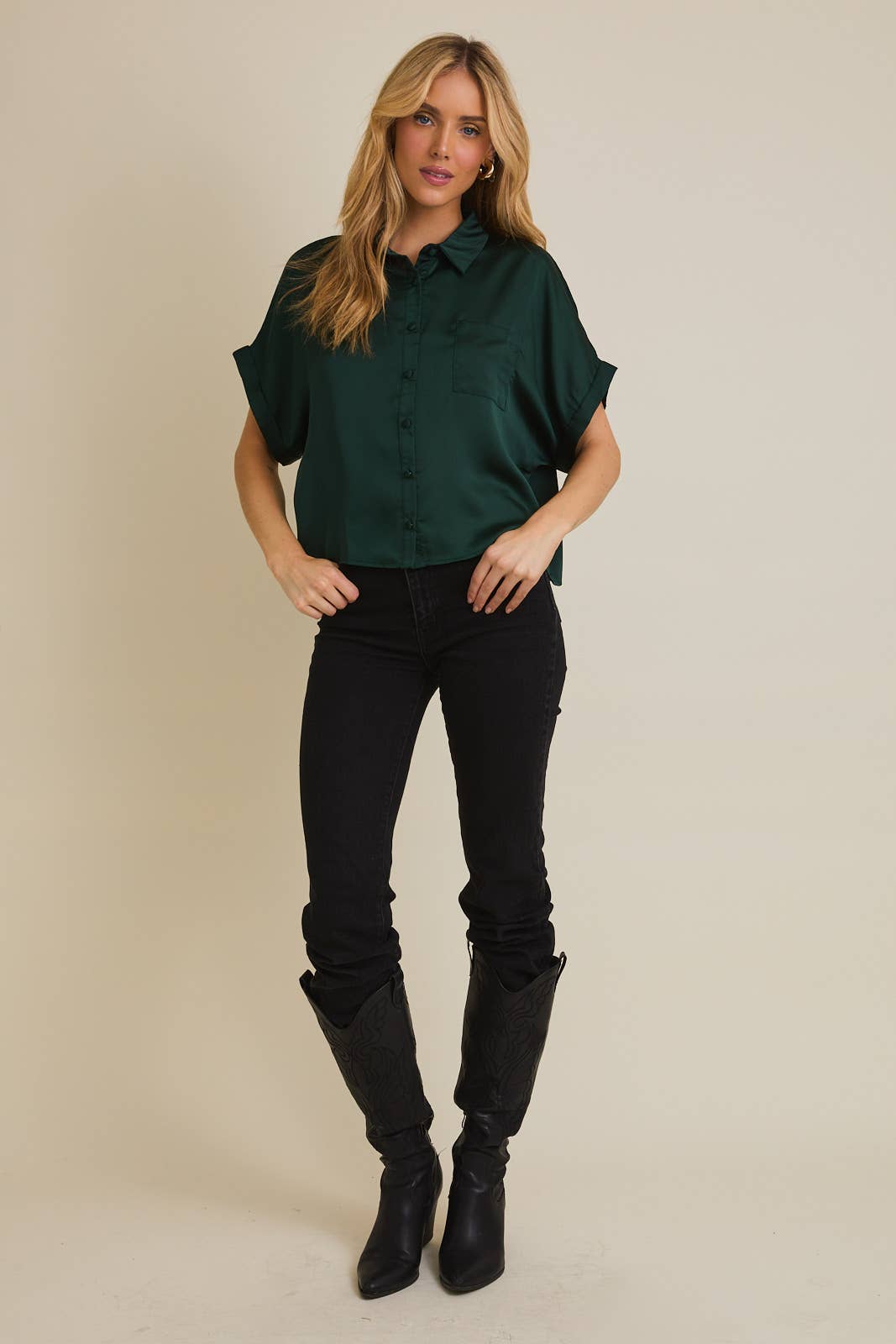 Emerald Satin Button Down Blouse