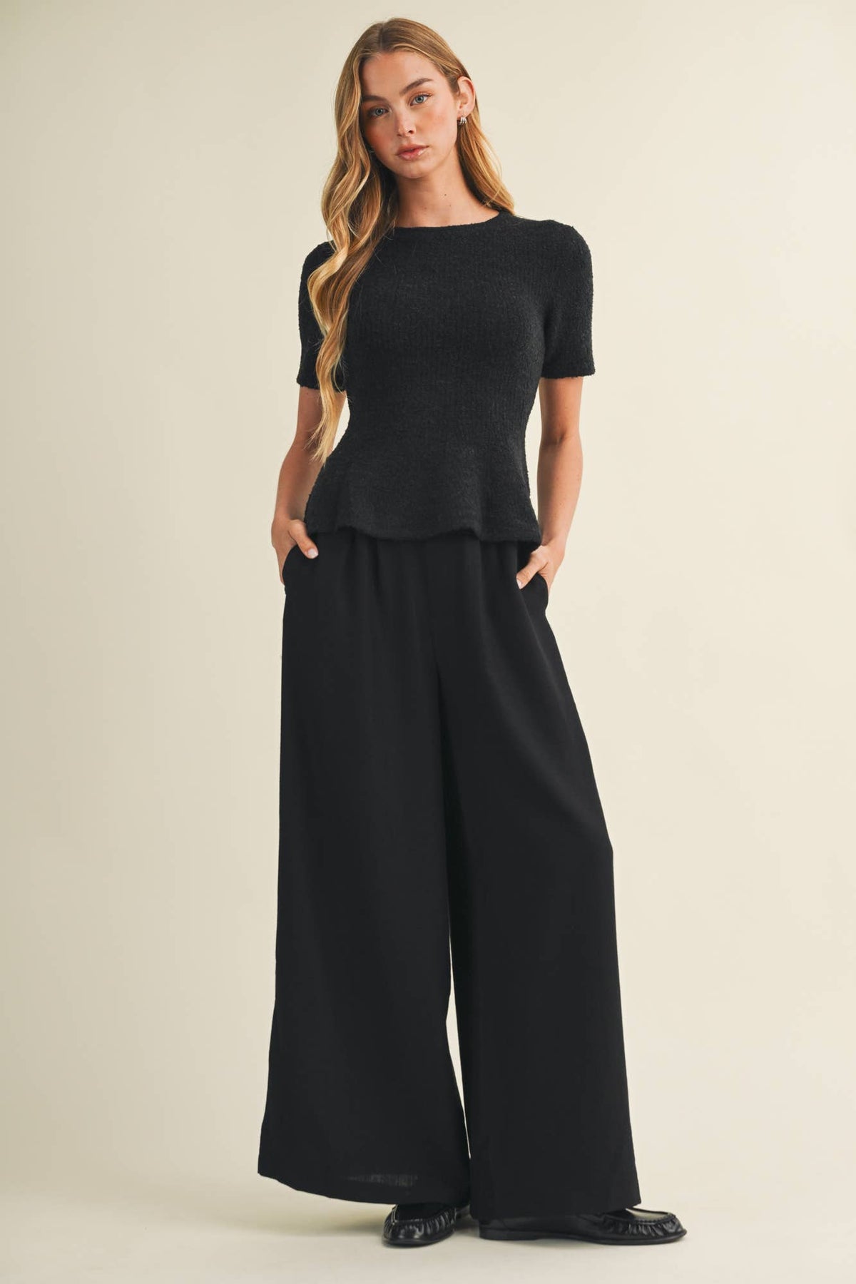 Midnight Bouclé Knit Peplum Pullover