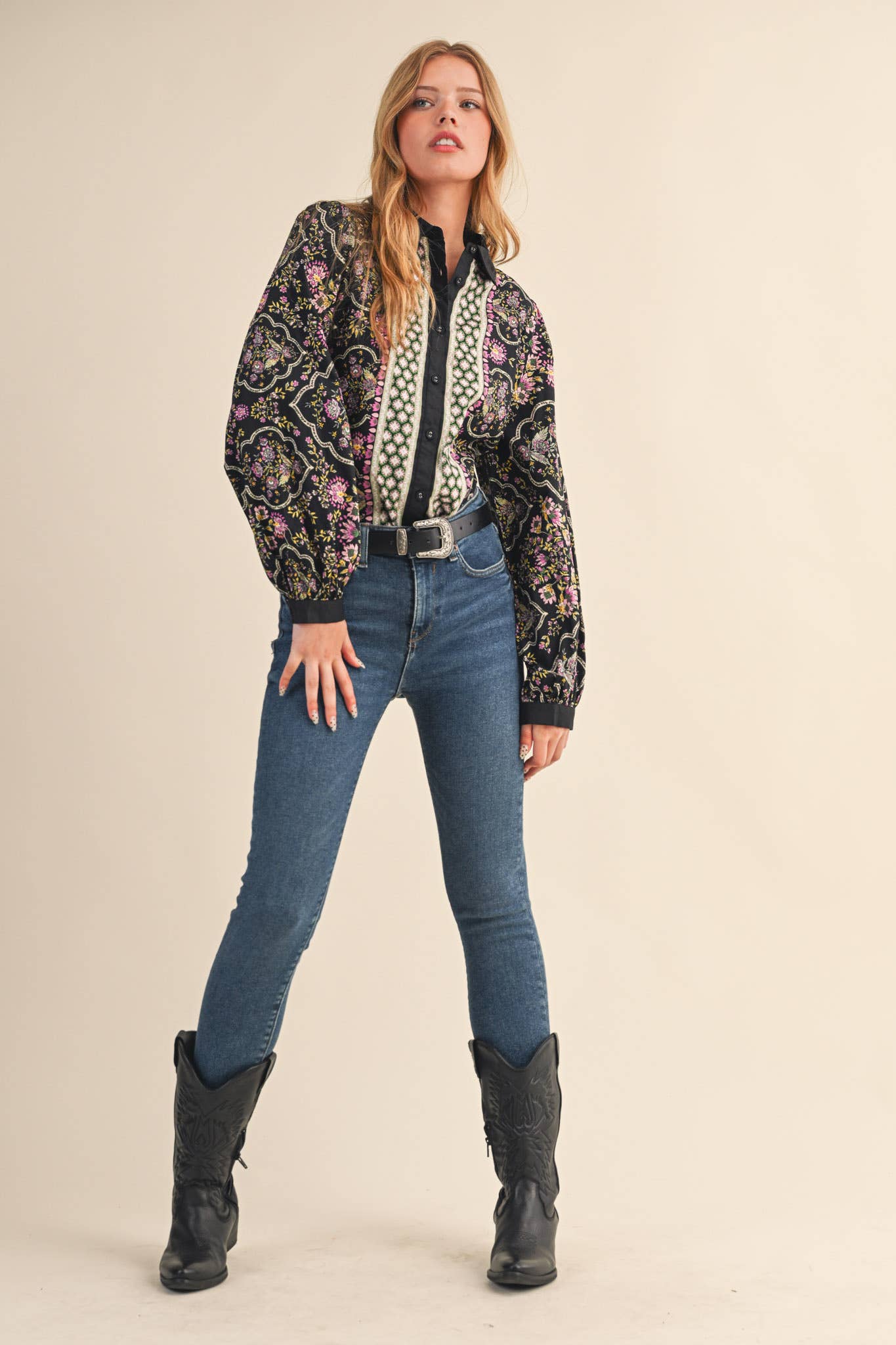 Floral Border Button Up Blouse