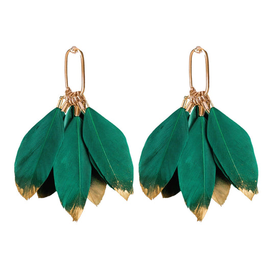 Emerald Gold Dipped Feather Earrings