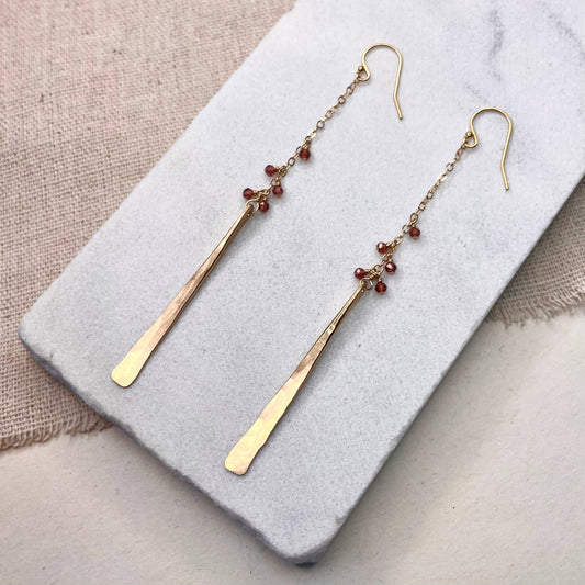 Hammered Stick Garnet Bead Earrings