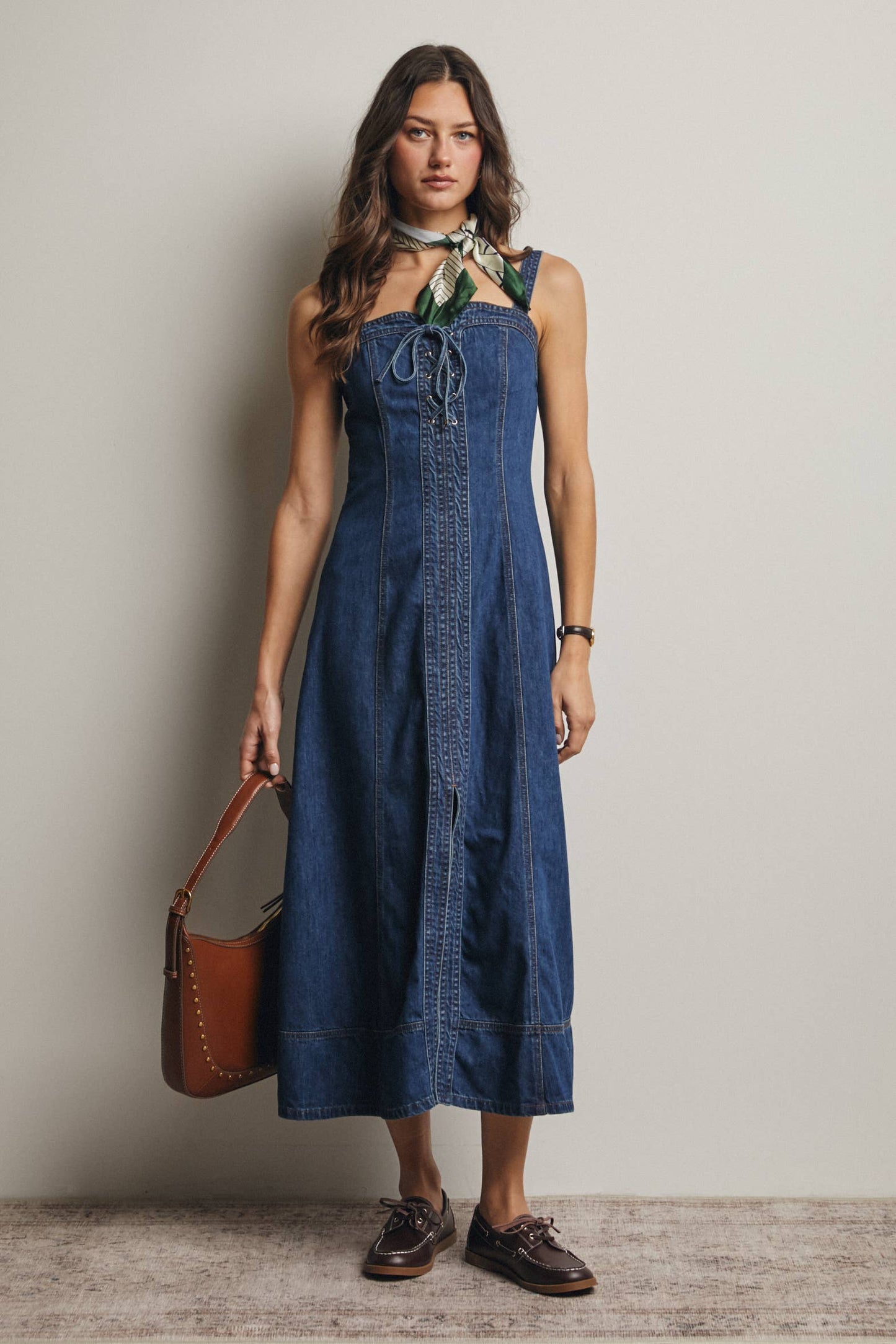 Lace-Up Denim Maxi Dress