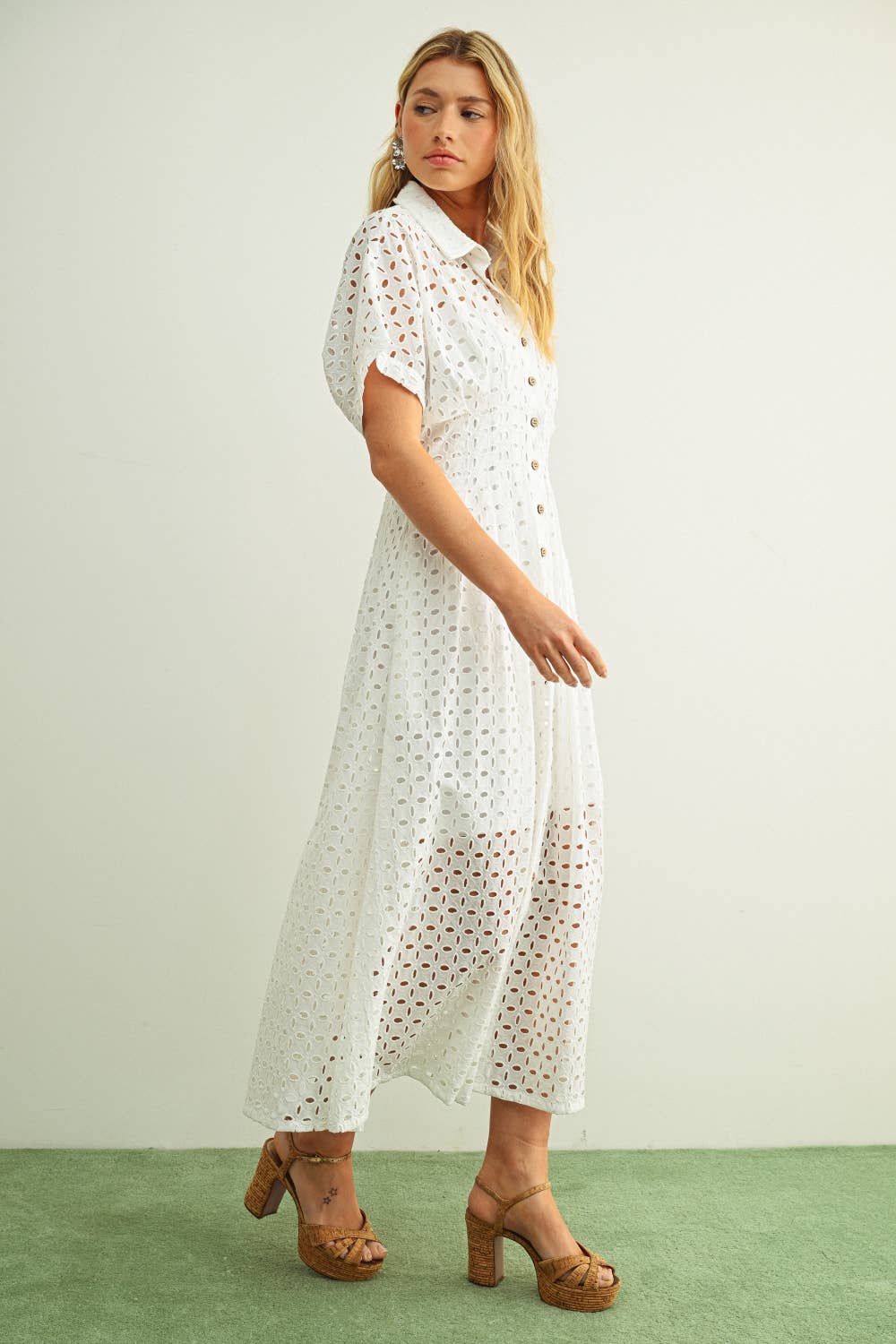 Eyelet Pleated Corset Shirt Dress