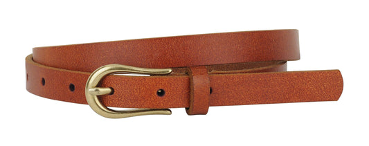 Skinny Equestrian Buckle Leather Belt - Cognac