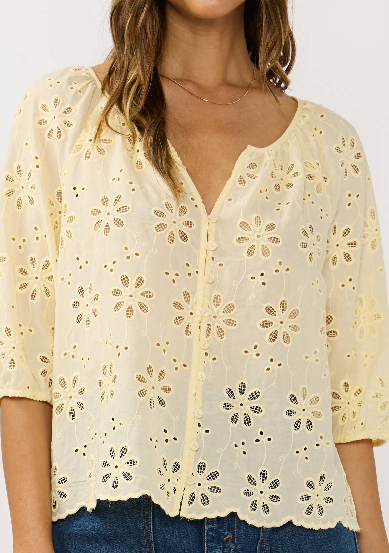 Floral Eyelet V-Neck Button Blouse