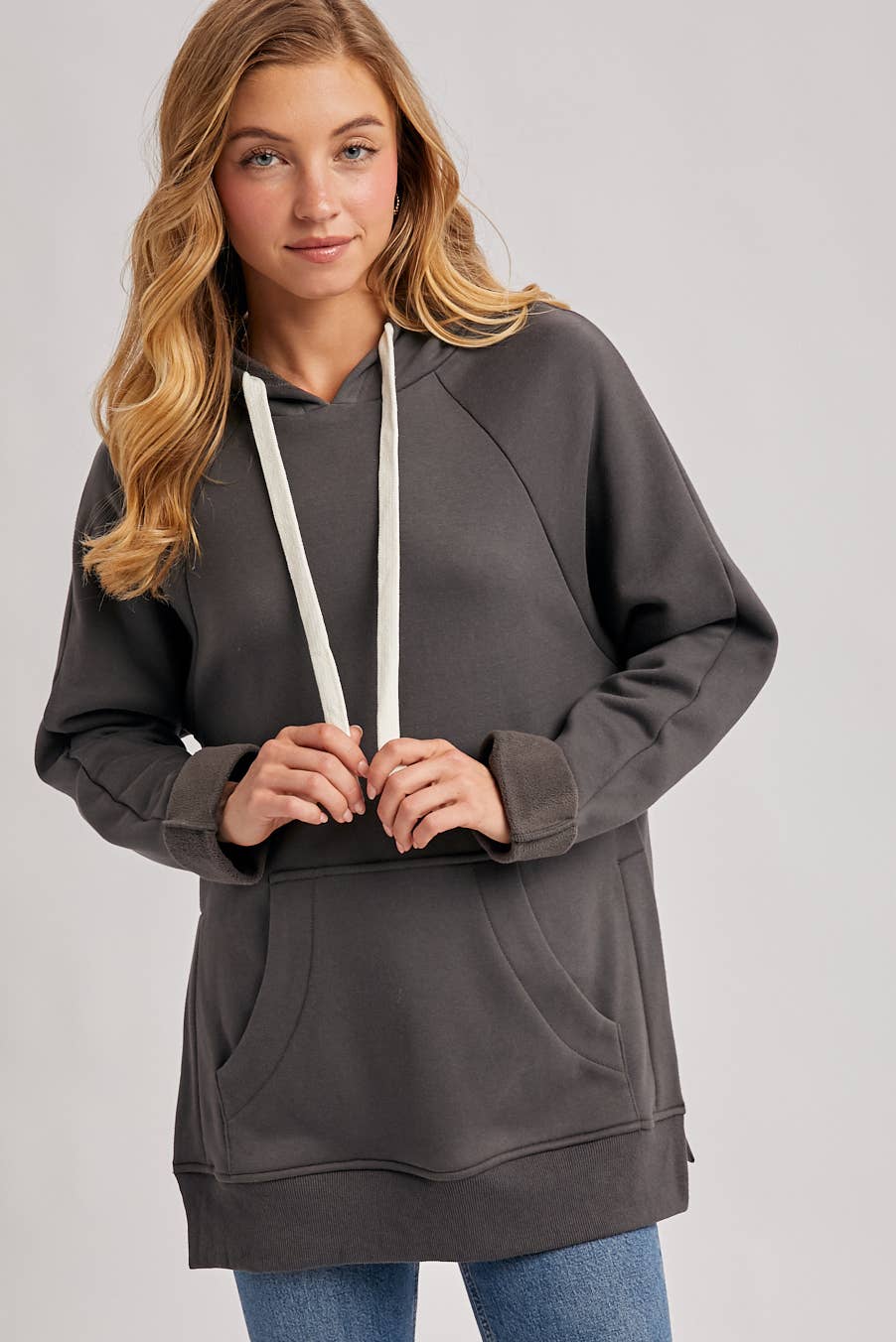 Side Slit Tunic Hooded Sweatshirt - Ash