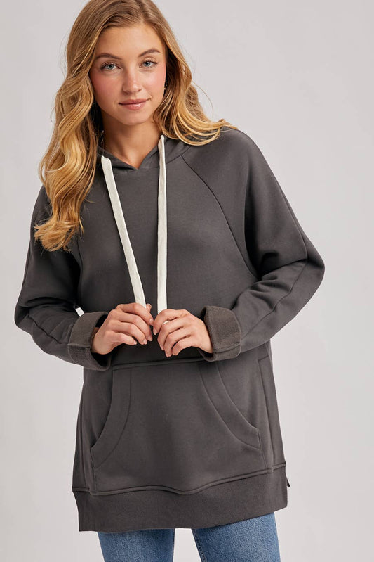 Side Slit Tunic Hooded Sweatshirt - Ash