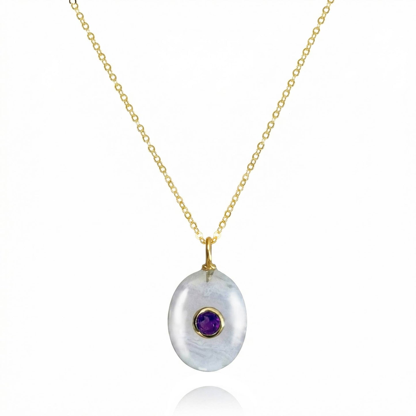 Oval Charm Cable Necklace - Lace Agate & Amethyst