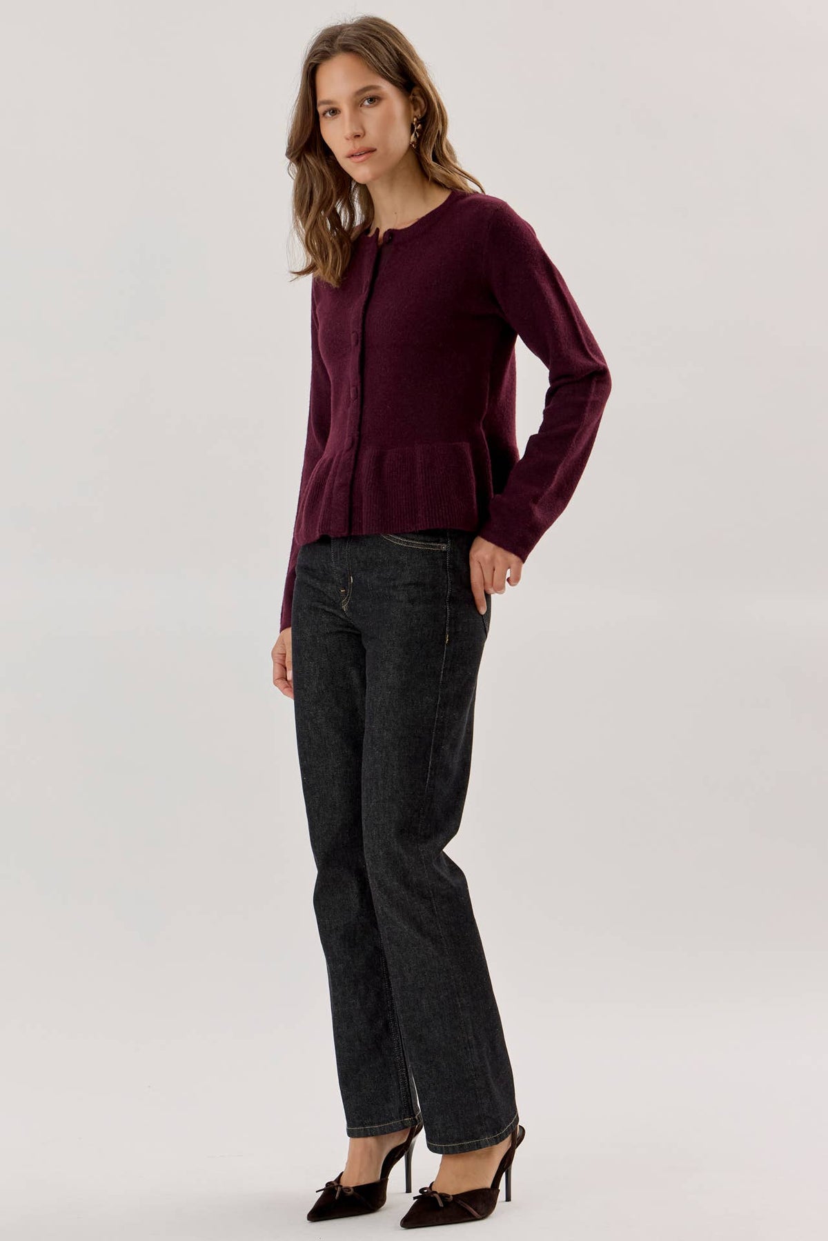 Plum Peplum Knit Cardigan