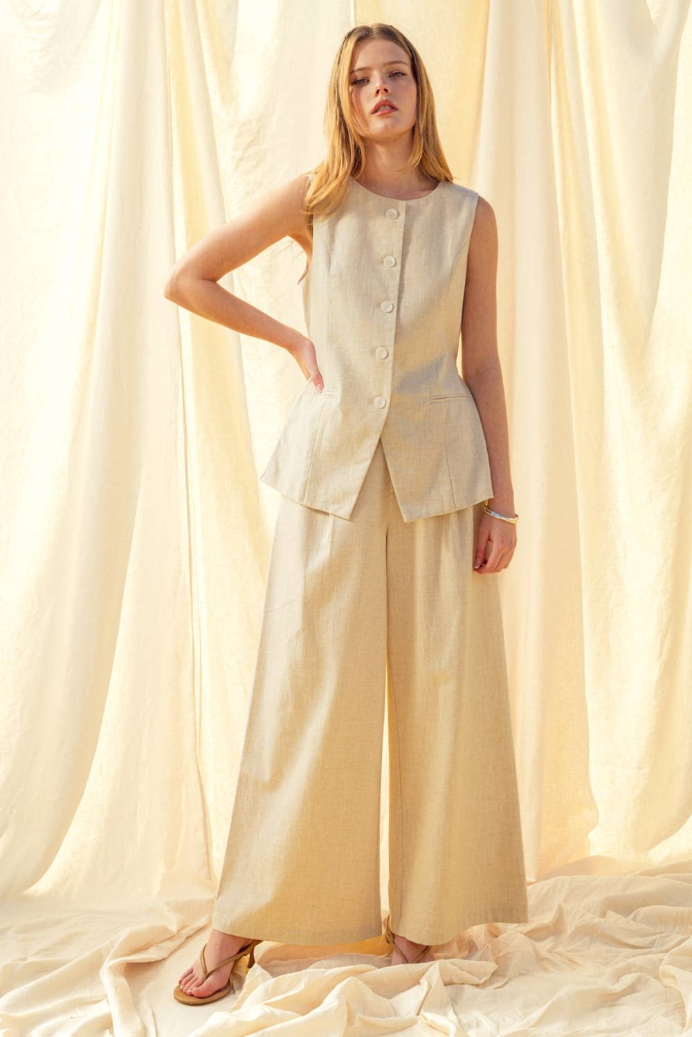 Oatmeal Button Front Linen Vest