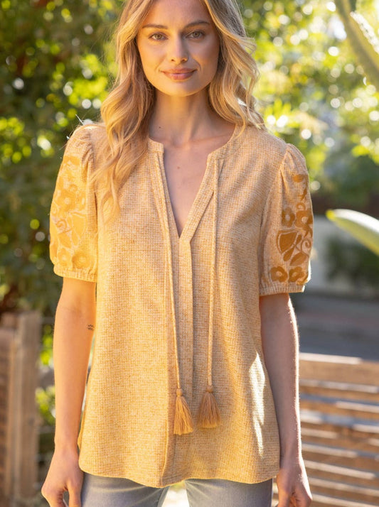 Mustard Embroidered Sleeve Top