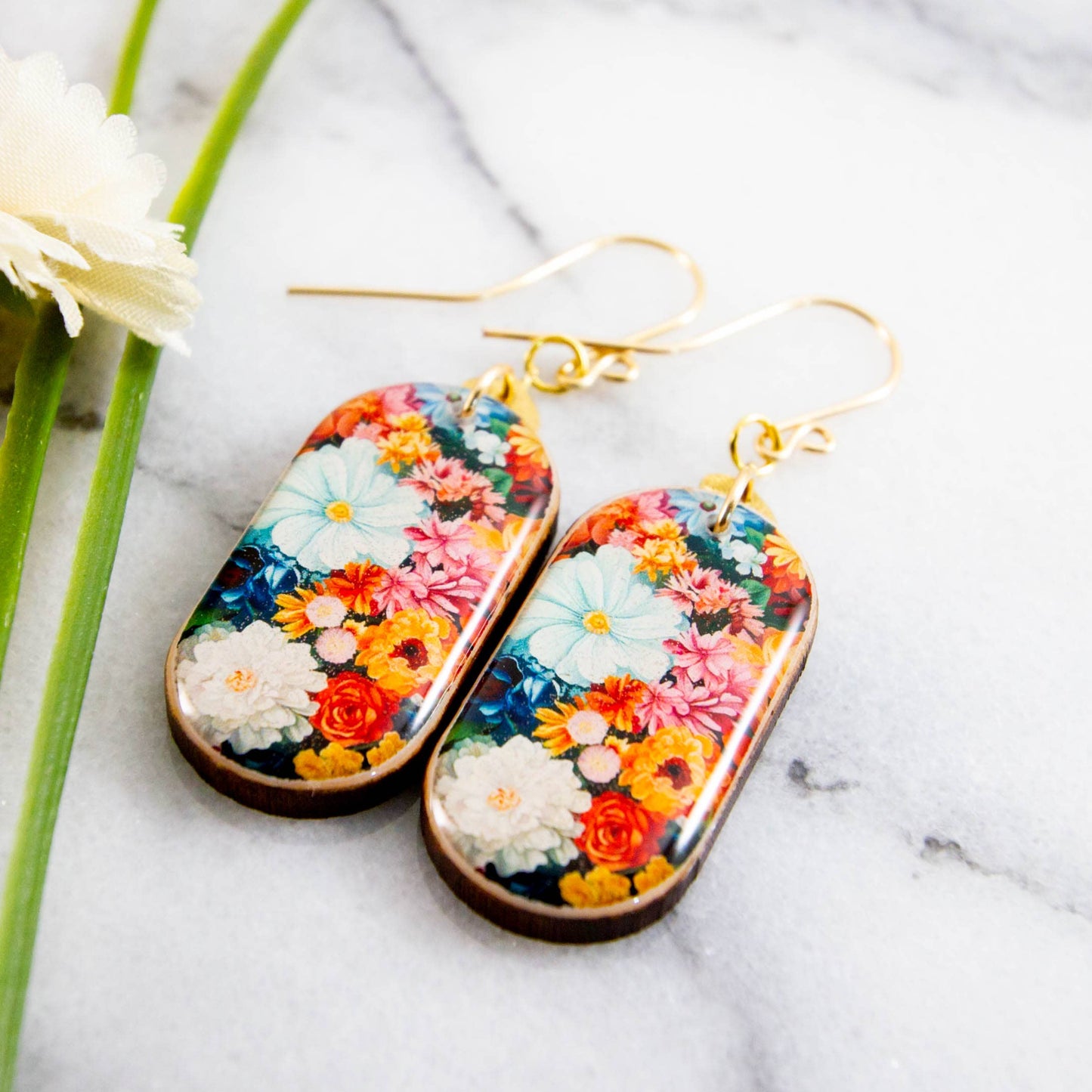 Bright Flower Bouquet Oblong Earrings