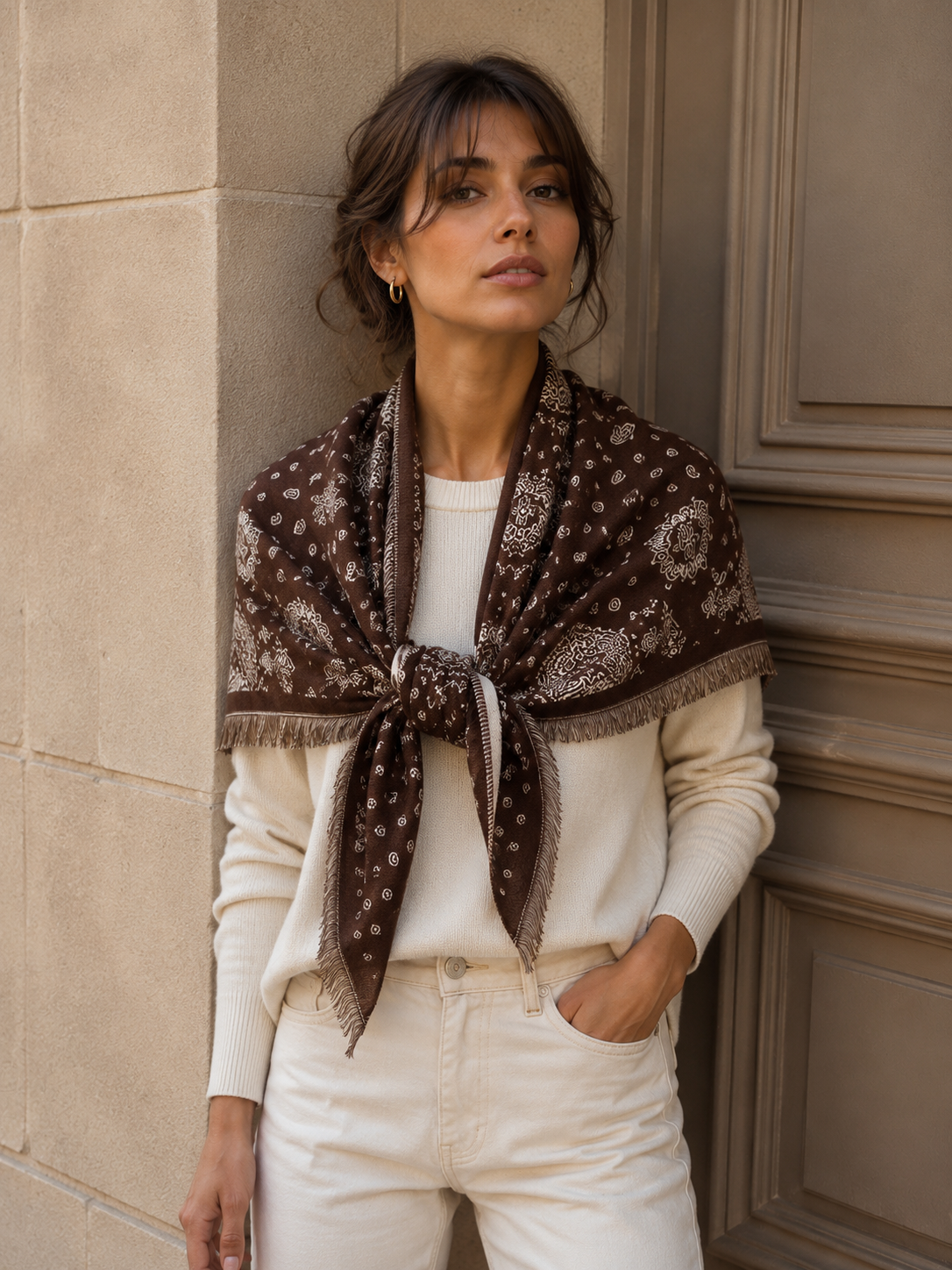 Soft Touch Paisley Triangle Shoulder Scarf - Cafe