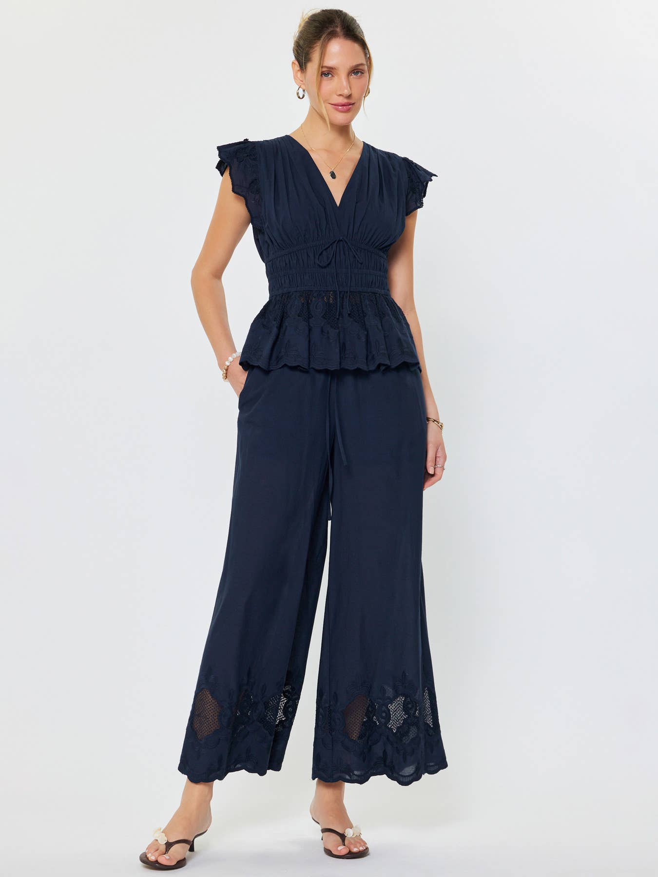 Delicate Embroidered Border Wide Leg Pants