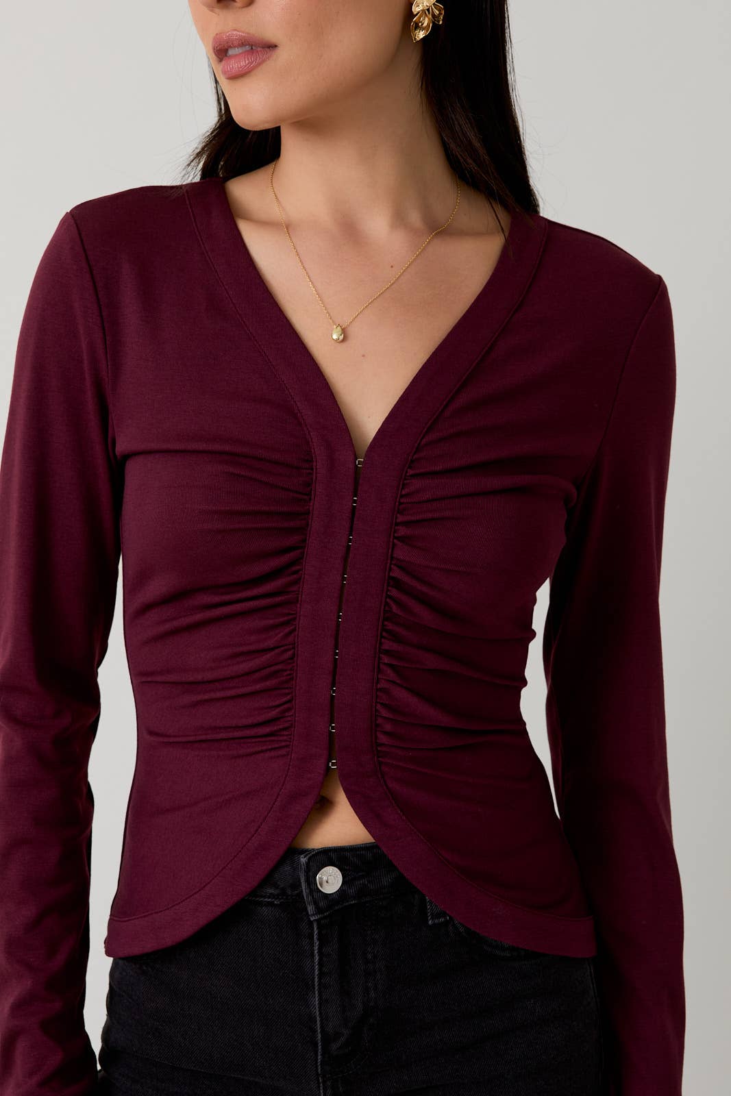Merlot Front Hook & Eye Knit Top
