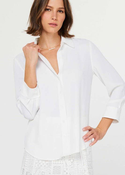 3/4 Sleeve Button Down Shirt - White