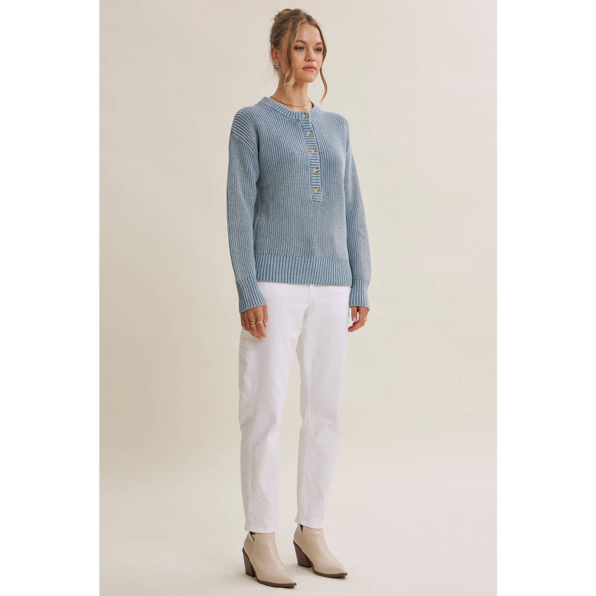 Mineral-Washed Henley Sweater Pullover