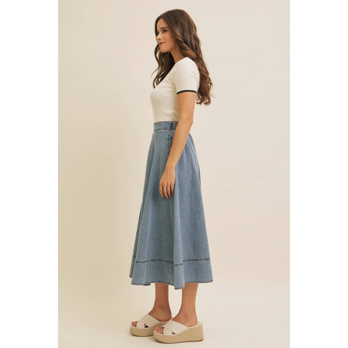 Stitched Denim Midi Skirt