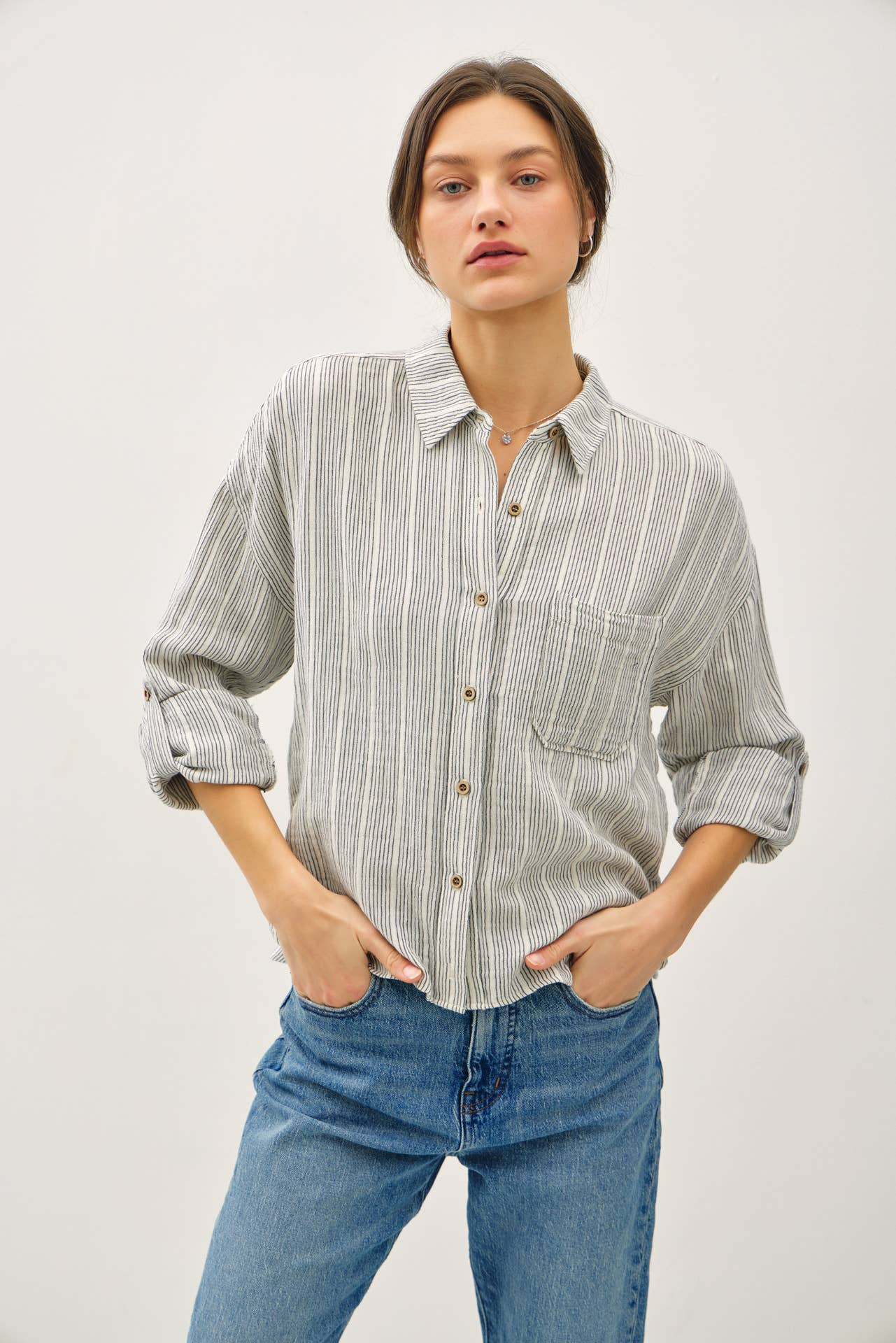 Striped Cotton Gauze Button Up