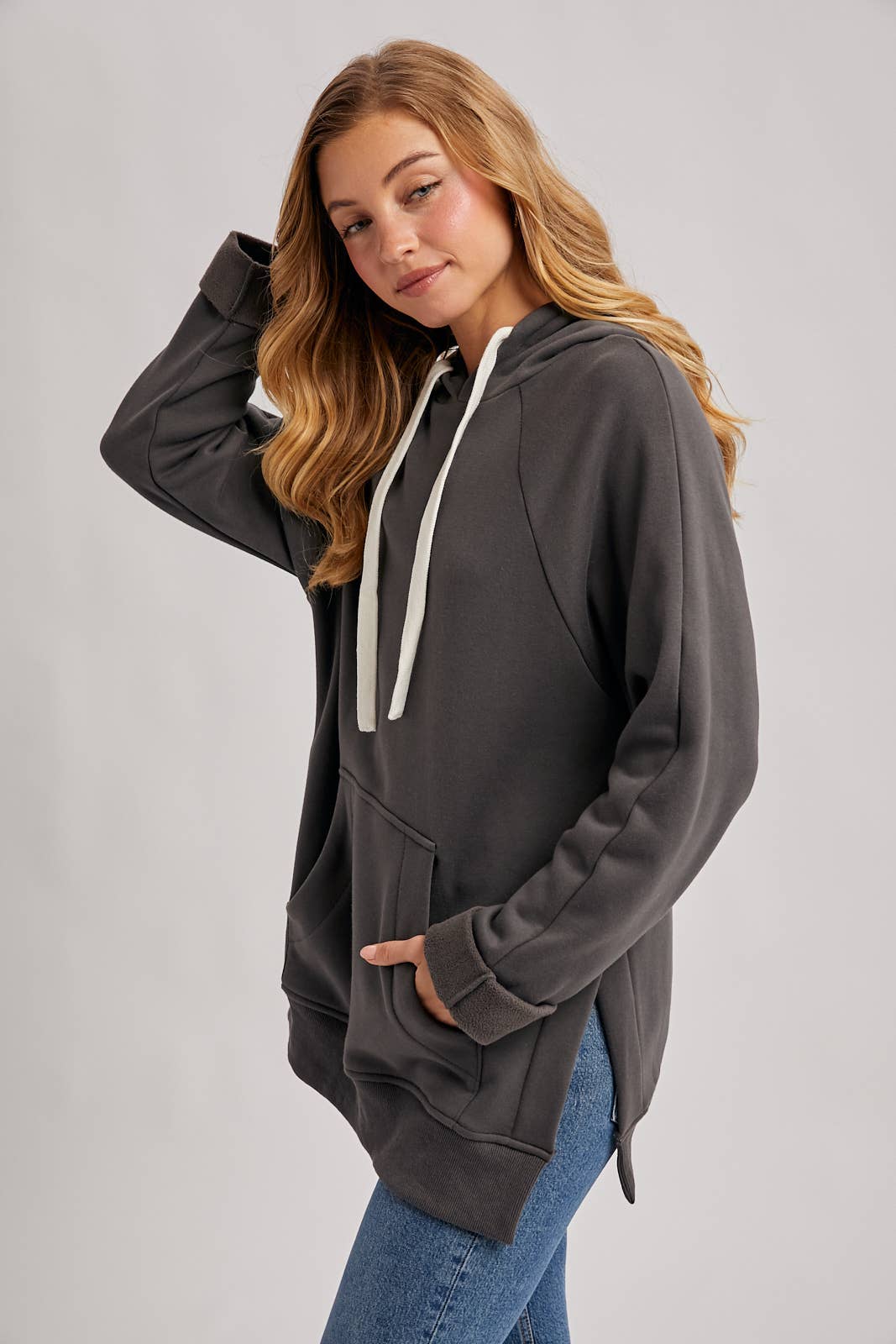 Side Slit Tunic Hooded Sweatshirt - Ash