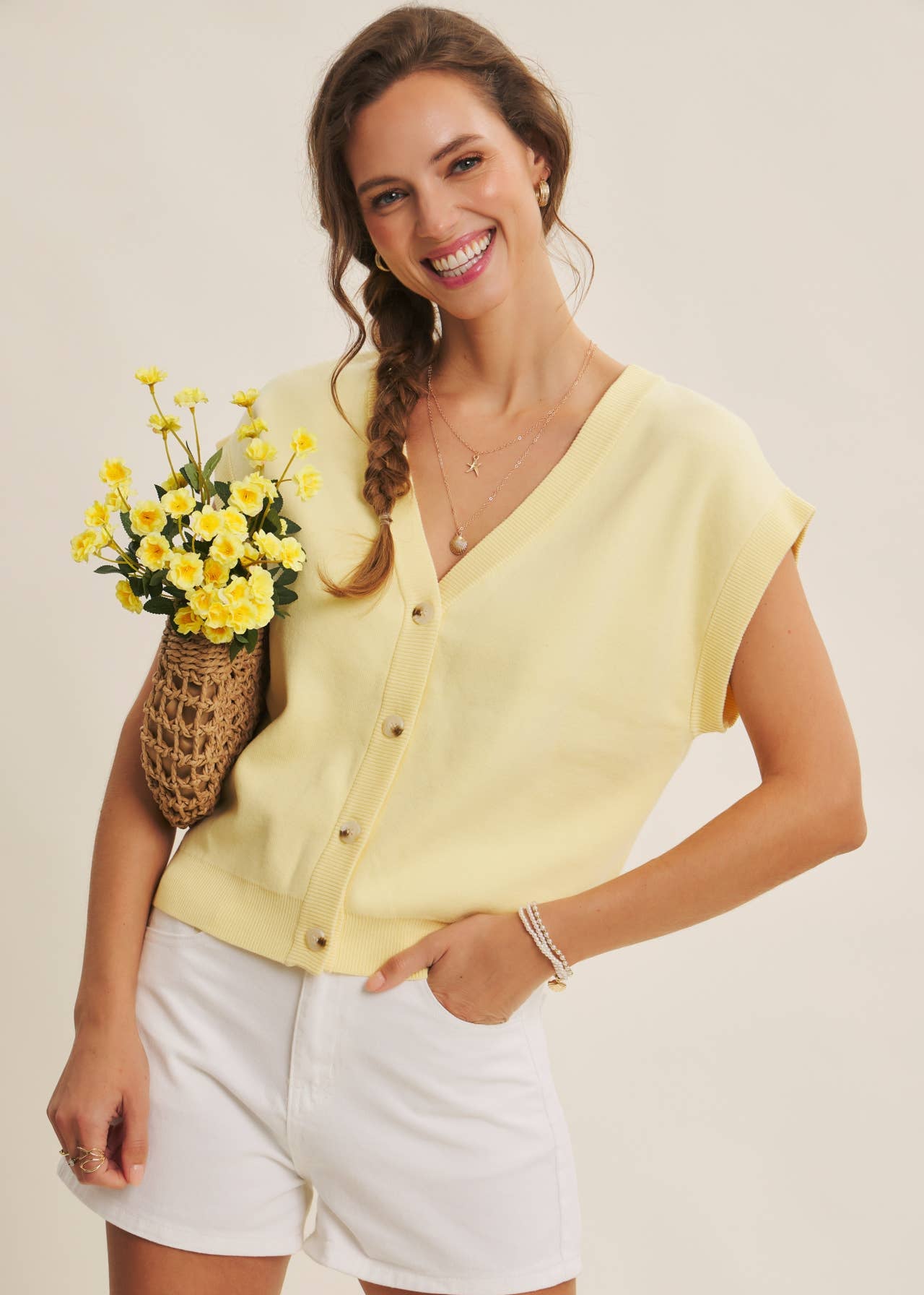 Soft Banana Button Down Sweater Top