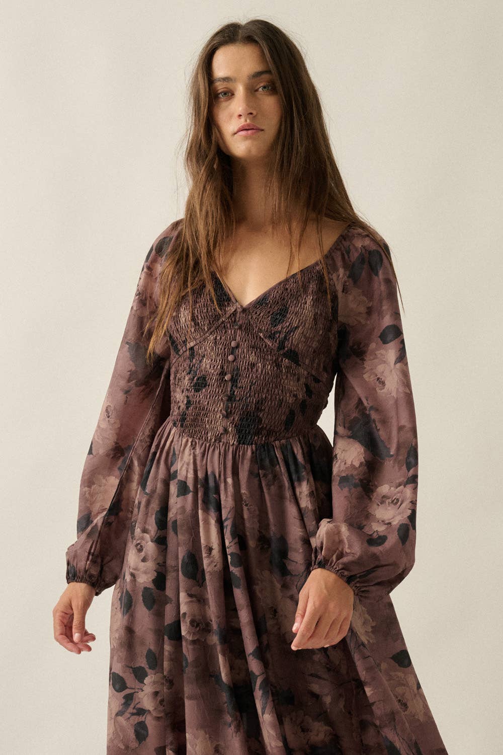 Romantic Brown Blossoms Sweetheart Maxi Dress