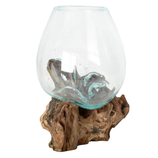 Small Molten Glass Bowl W/ Natural Wood