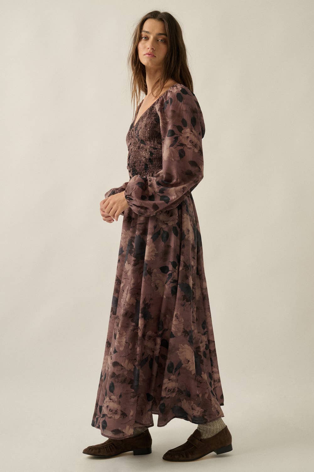 Romantic Brown Blossoms Sweetheart Maxi Dress