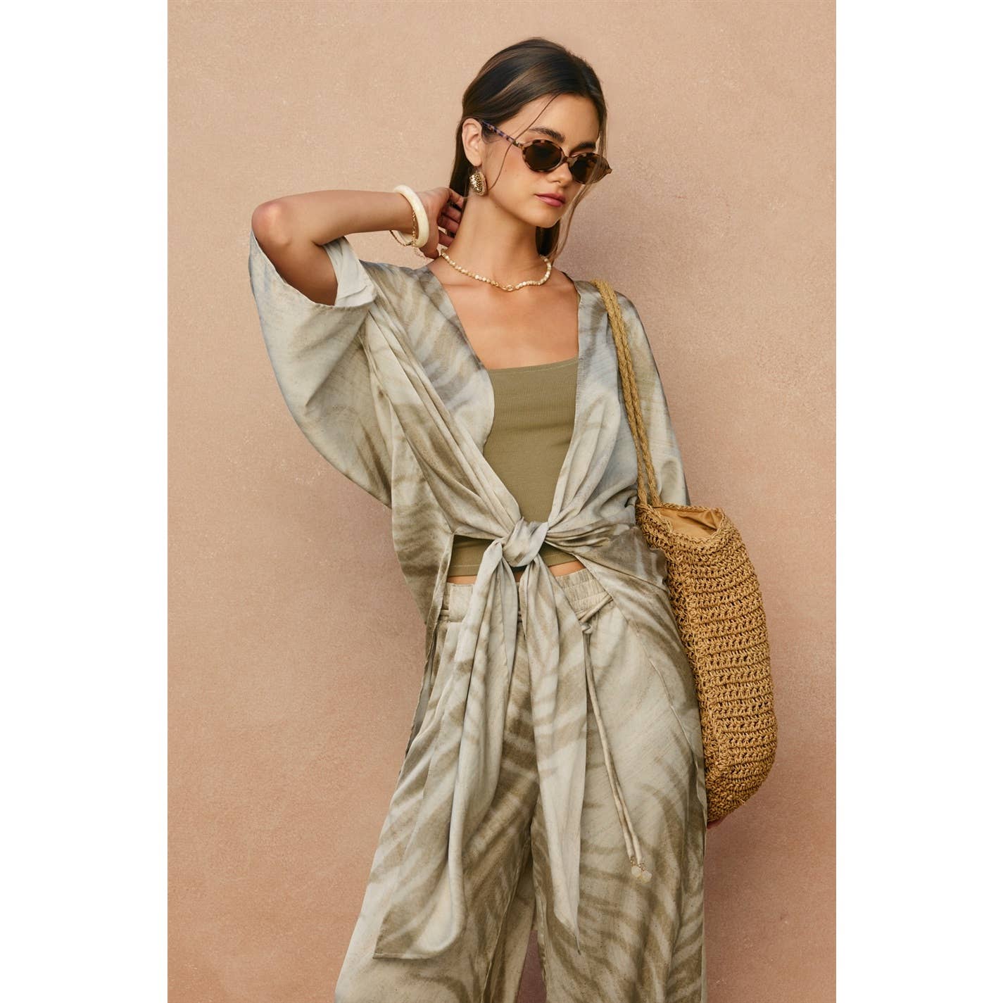 Sandstone Palm High Slit Kimono Duster
