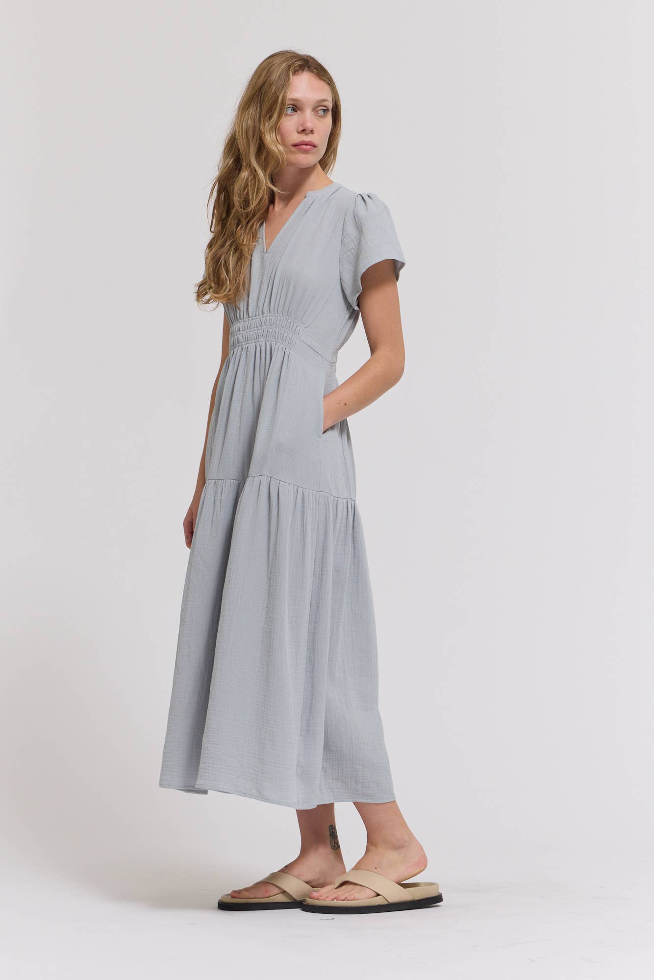 Sky Blue Cotton Gauze Midi Dress