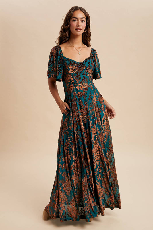 Burnout Velvet Flutter Maxi Dress