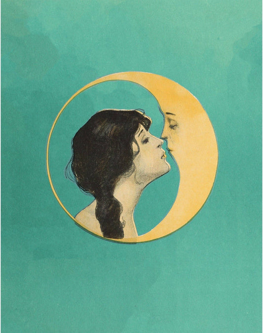 Vintage Art Print Woman kissing the moon