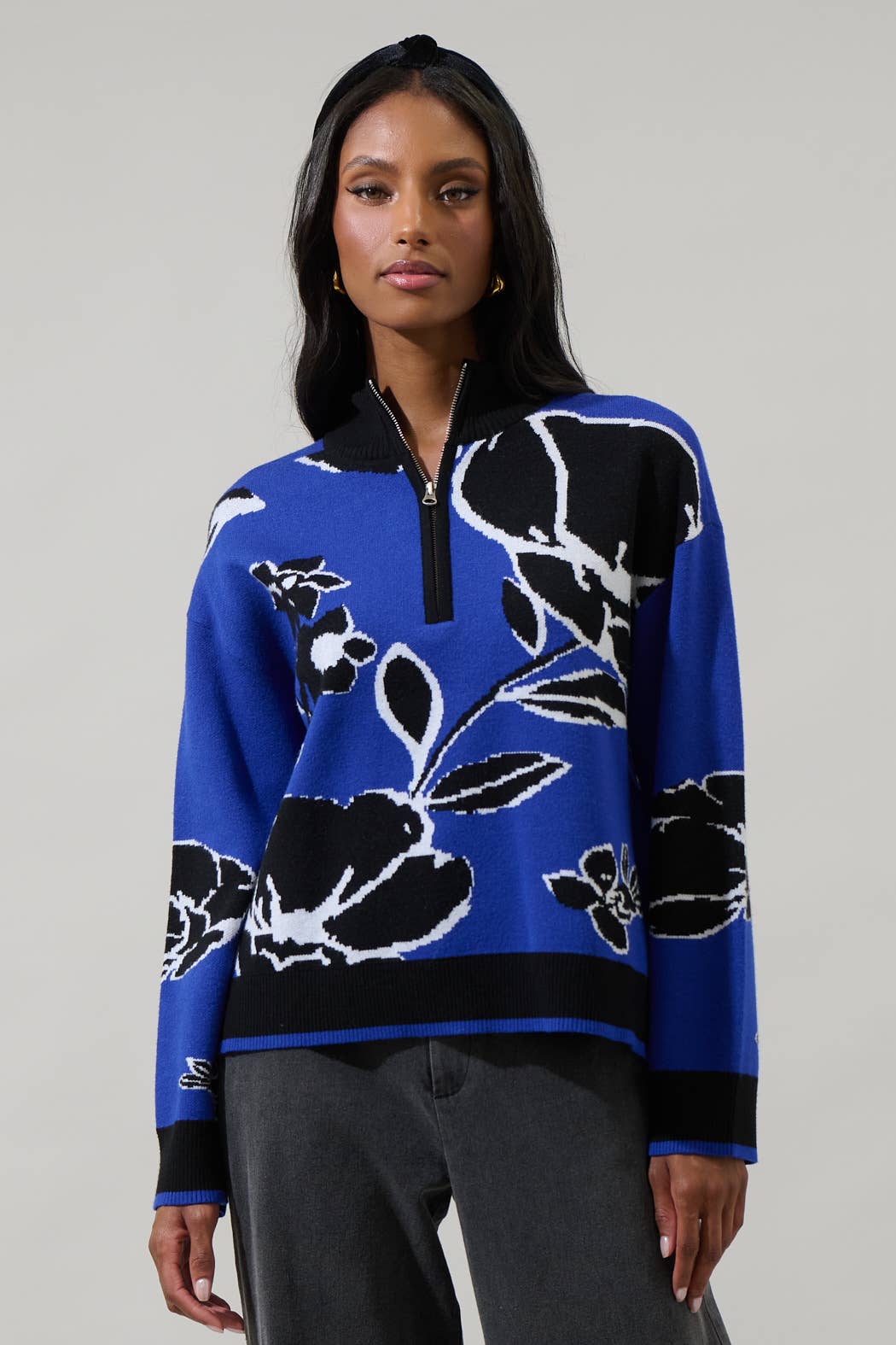 Cobalt Floral Zip Up Sweater