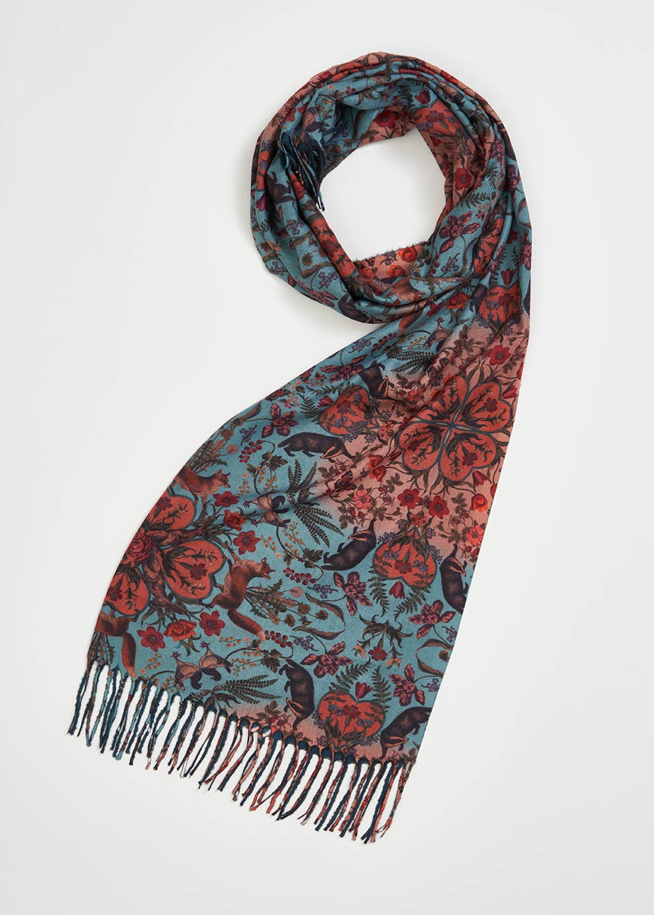 Folksy Fox Teal Scarf with Tassels