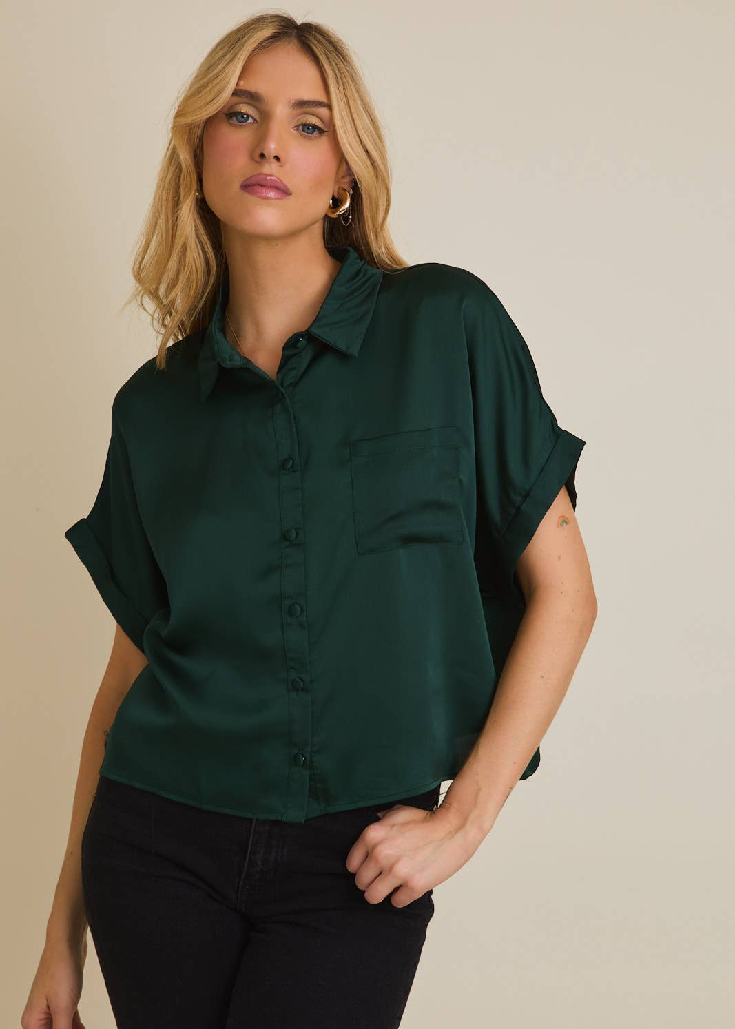 Emerald Satin Button Down Blouse