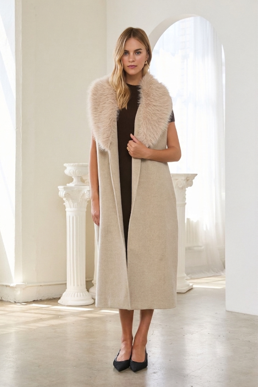 Plush Faux Fur Collar Long Vest
