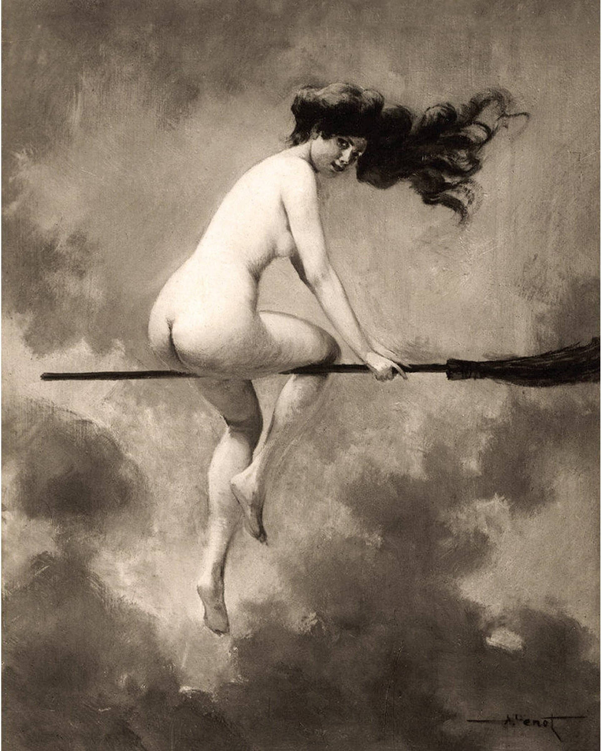 Witch on her broom | Vintage nude woman print | Albert Josep