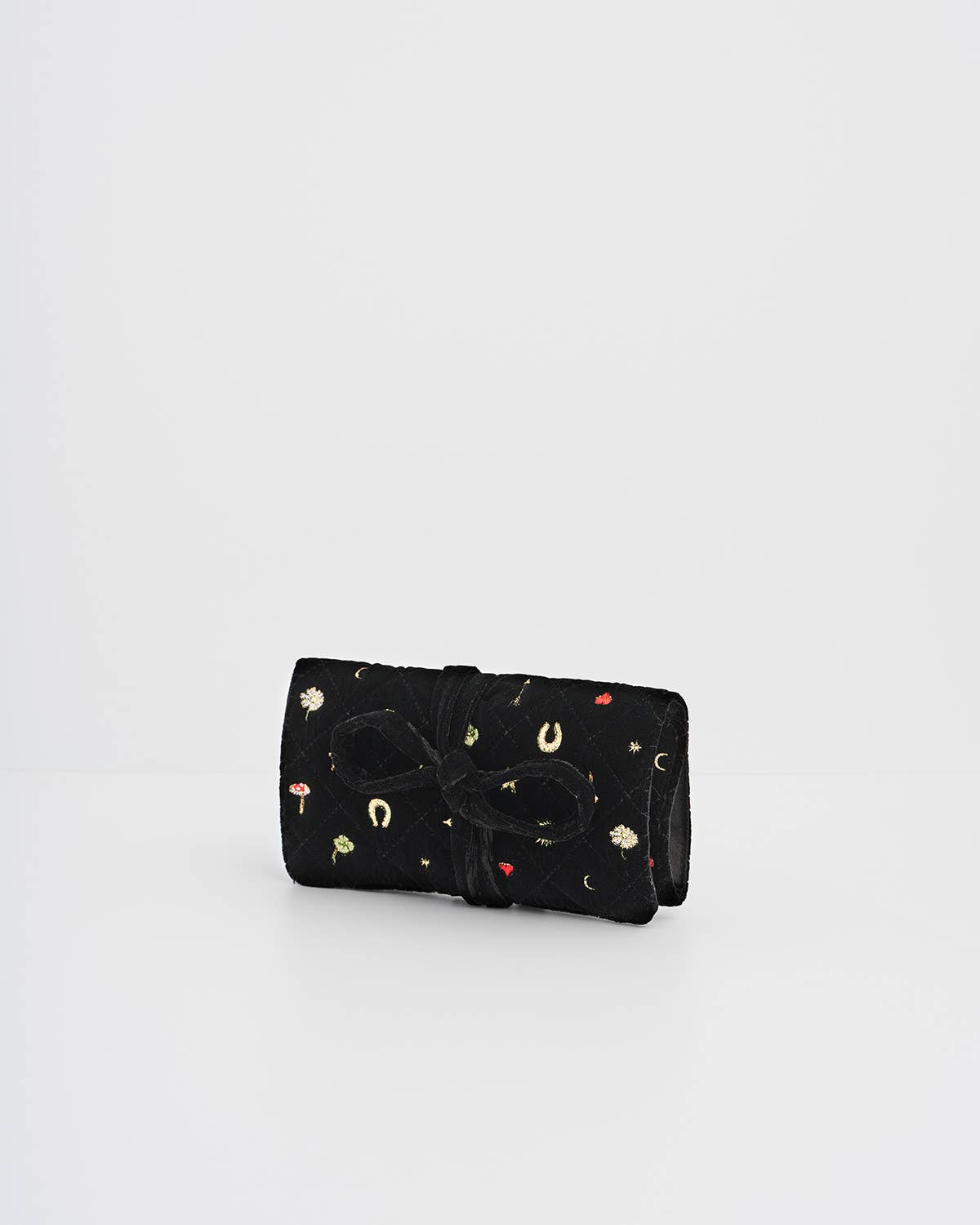 Black Quilted Motif Velvet Embroidered Jewelry Roll