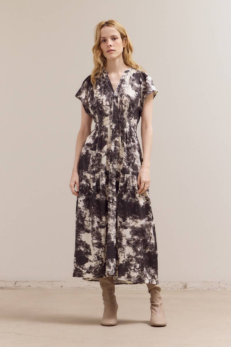 Printed Ruffle Satin Midi Dress