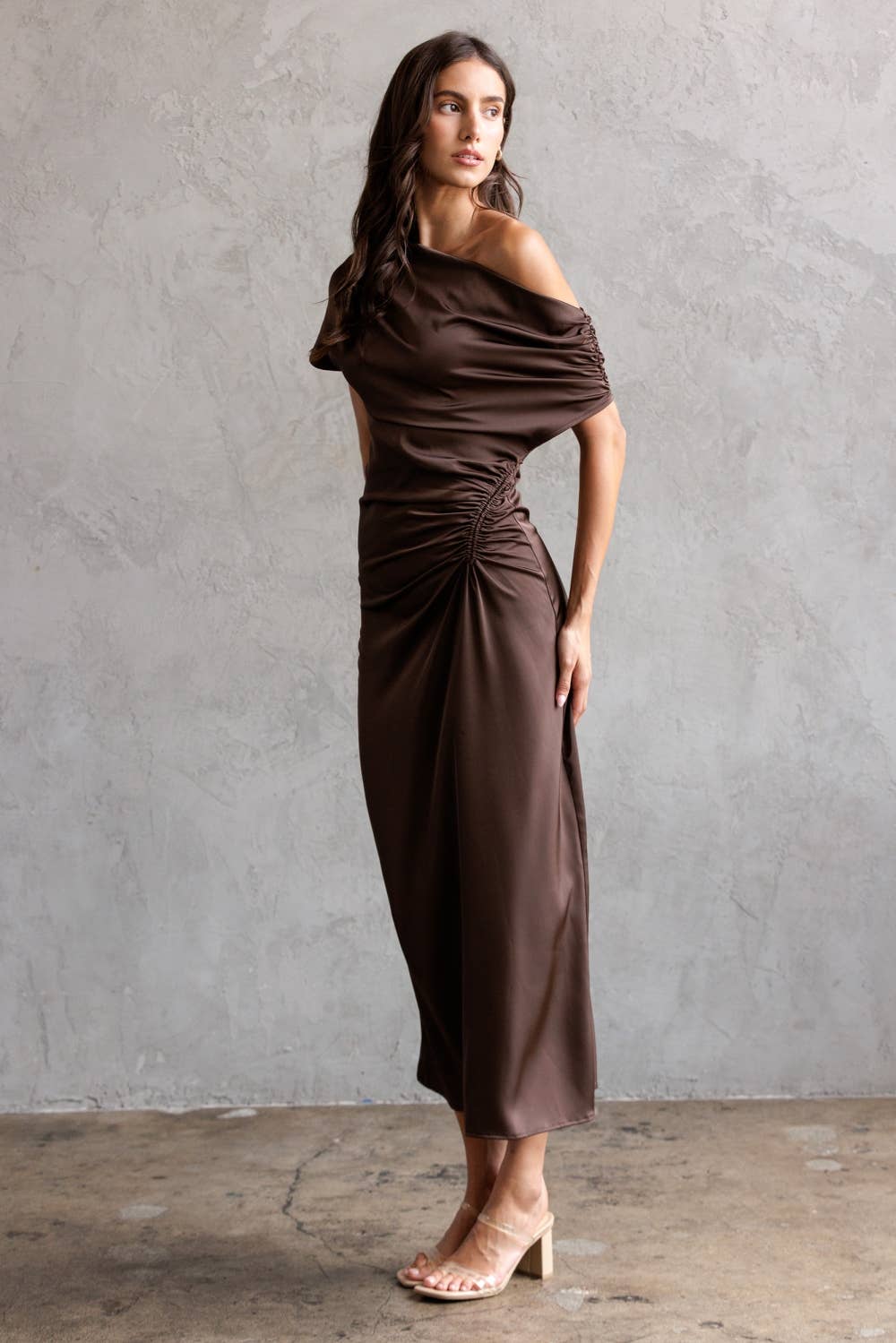 One Shoulder Ruched Midi Dress