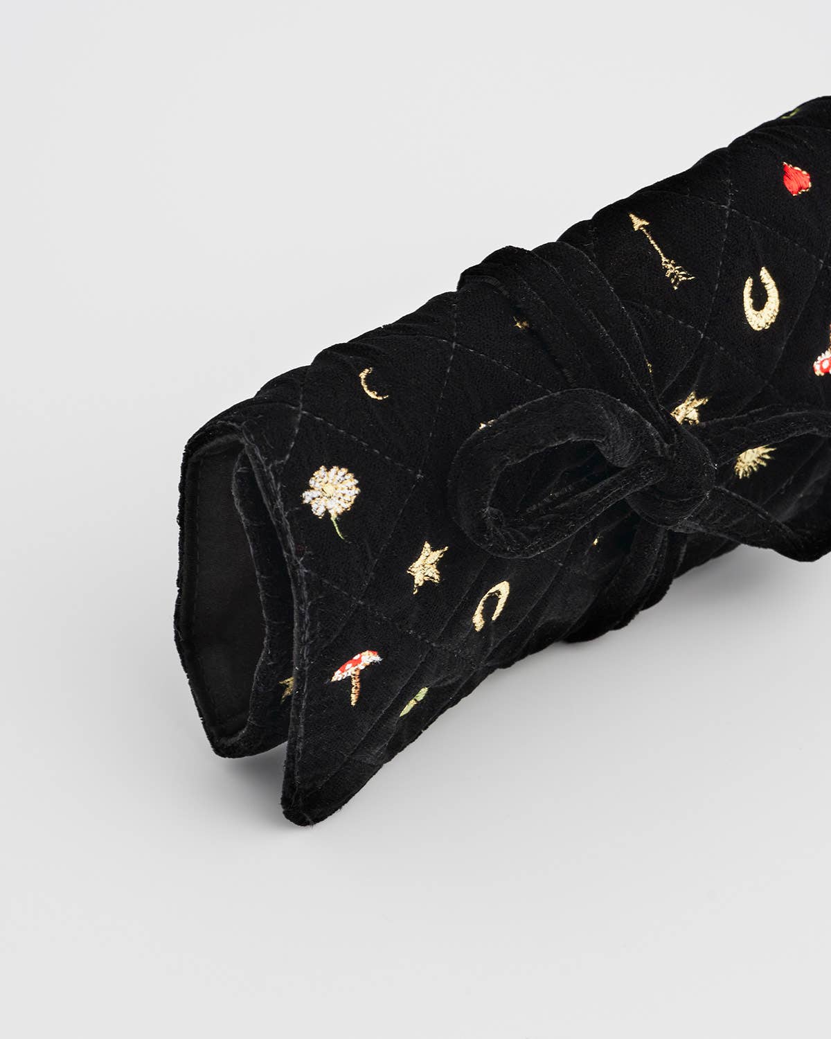 Black Quilted Motif Velvet Embroidered Jewelry Roll