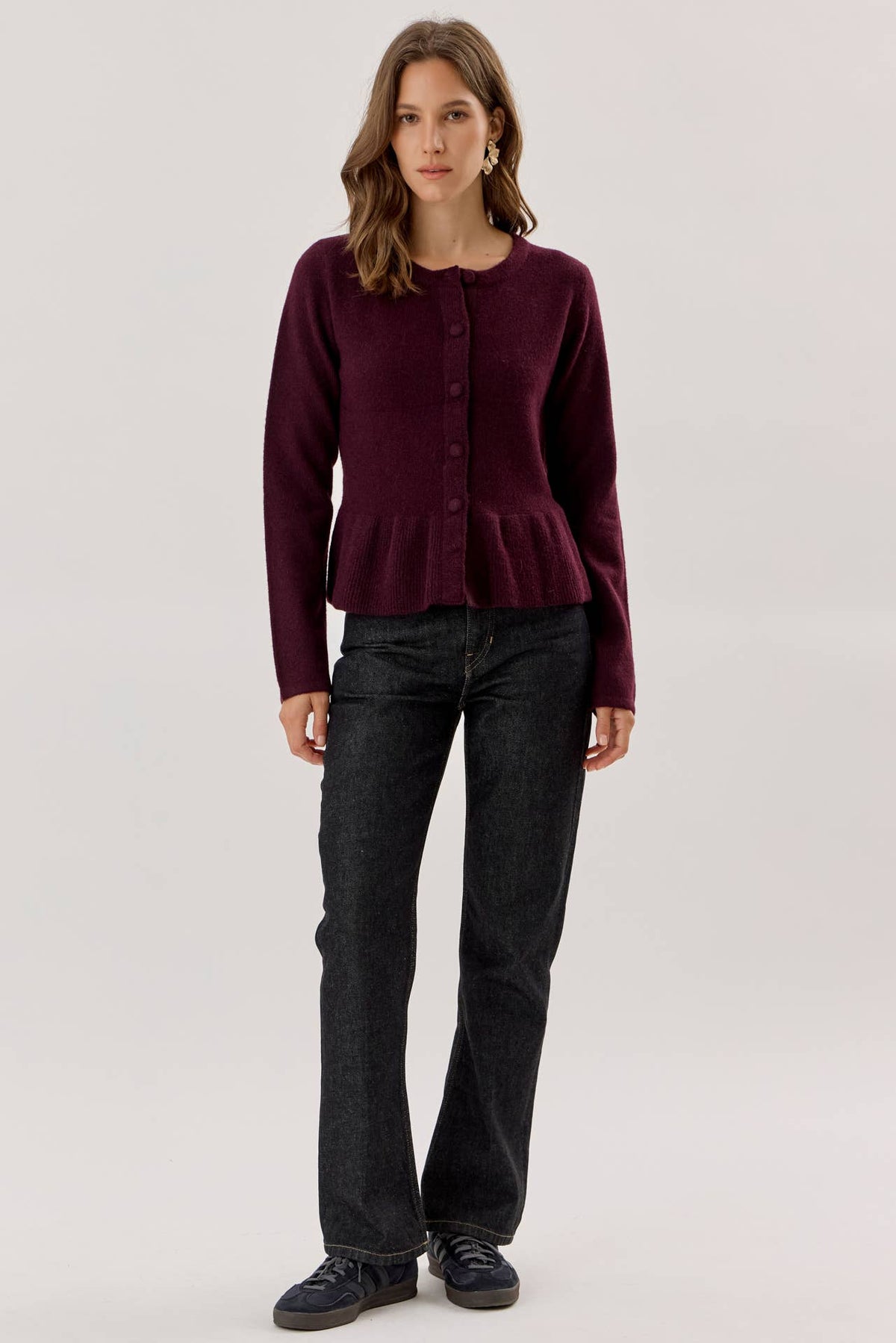 Plum Peplum Knit Cardigan